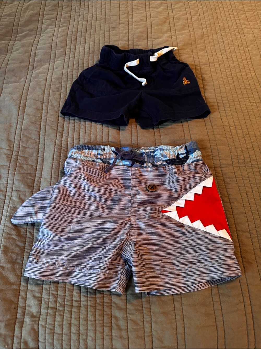 Mud Pie Navy Shorts and Gray Shark-Trim Swim Shorts